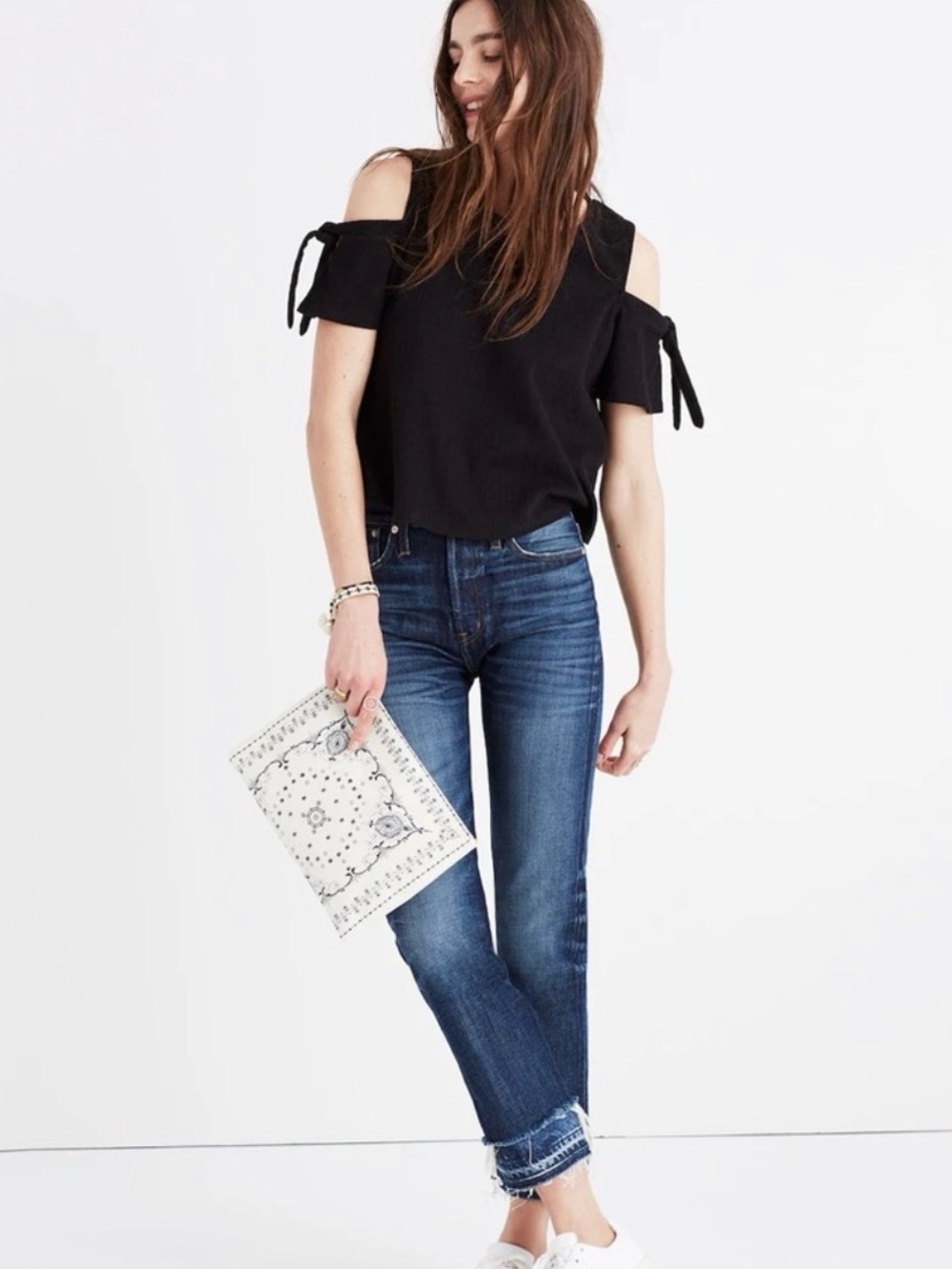 Madewell Skylar Black Cold-Shoulder Tie-Sleeve Cropped Top